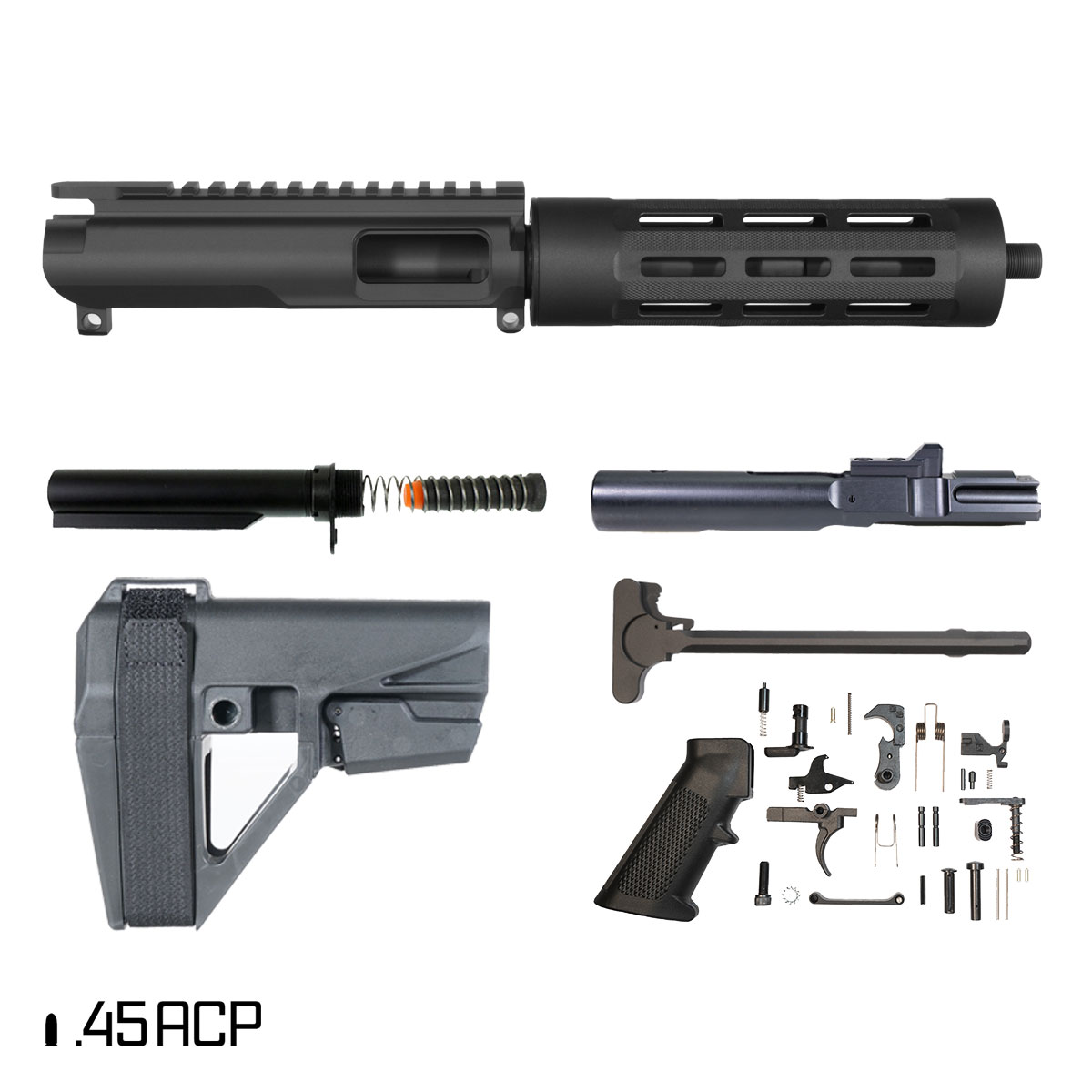 Davidson Defense Suppressor Ready Dread w/SBA5 Brace 7.5-inch 1:16 45ACP AR-45 Freefloat Tubular M-Lok Handguard Pistol Full Build Kit