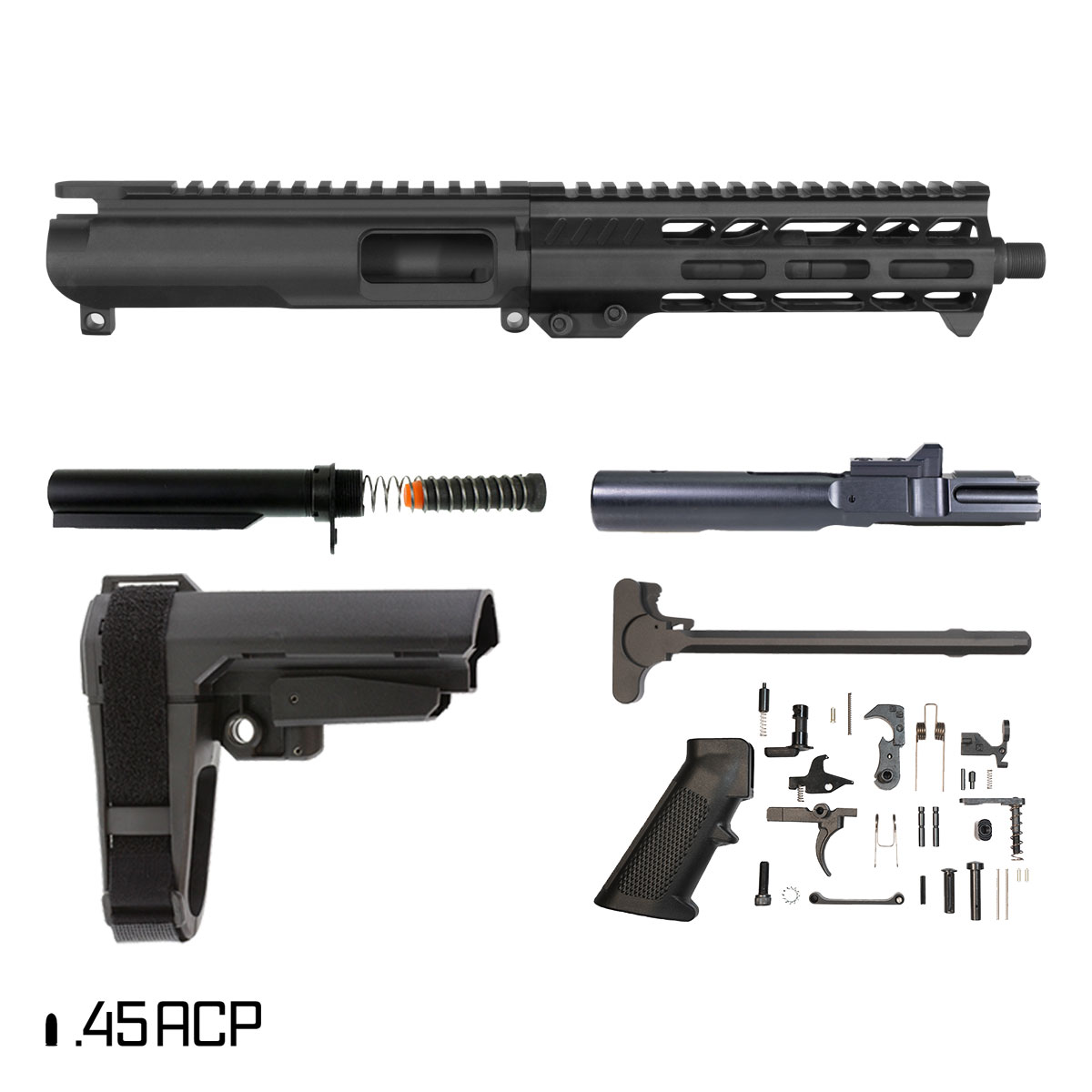 Davidson Defense Suppressor Ready Ruination w/SBA3 Brace 7.5-inch 1:16 45ACP AR-45 Freefloat M-Lok Handguard Pistol Full Build Kit