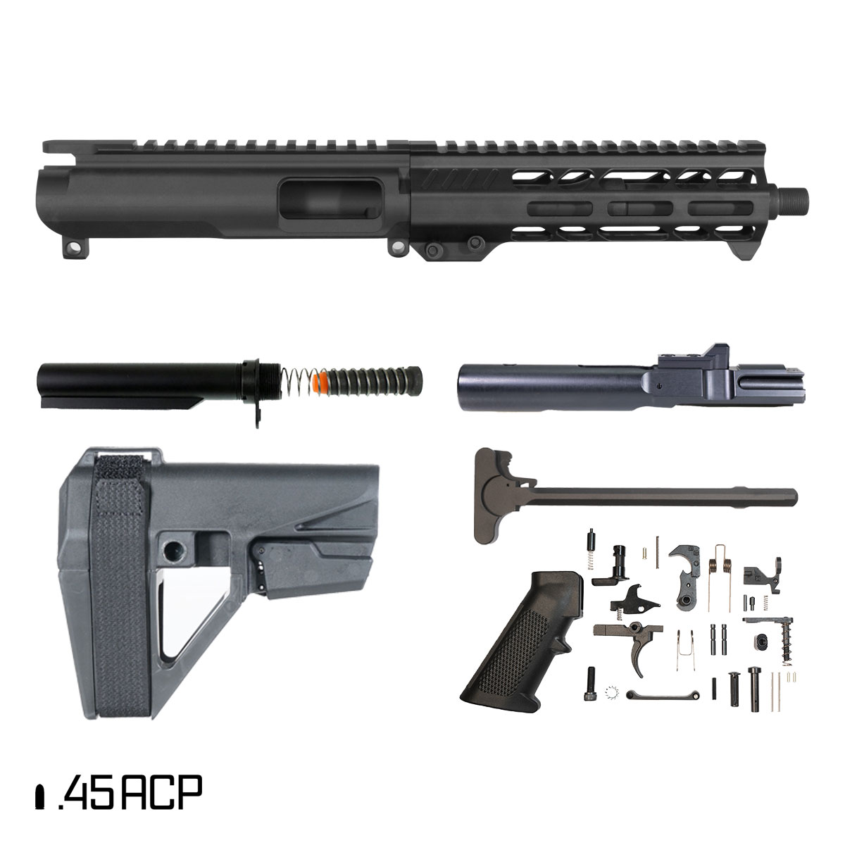 Davidson Defense Suppressor Ready Ruination w/SBA5 Brace 7.5-inch 1:16 45ACP AR-45 Freefloat M-Lok Handguard Pistol Full Build Kit