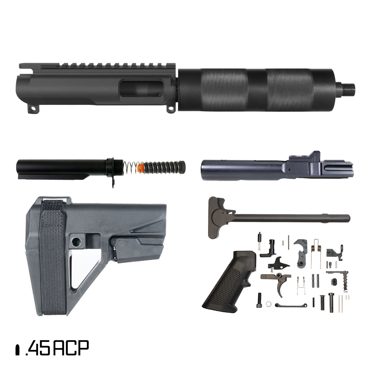 Davidson Defense Suppressor Ready Bedrock w/SBA5 Brace 8-inch 1:16 45ACP AR-15 Freefloat Tubular Handguard Pistol Full Build Kit
