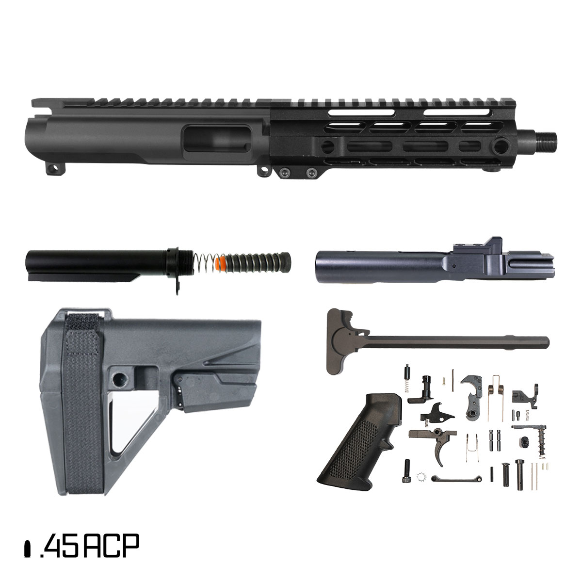 Davidson Defense Blemished Suppressor Ready XLV w/SBA5 Brace 8-inch 1:16 45ACP AR-15 Freefloat M-Lok Handguard Pistol Full Build Kit