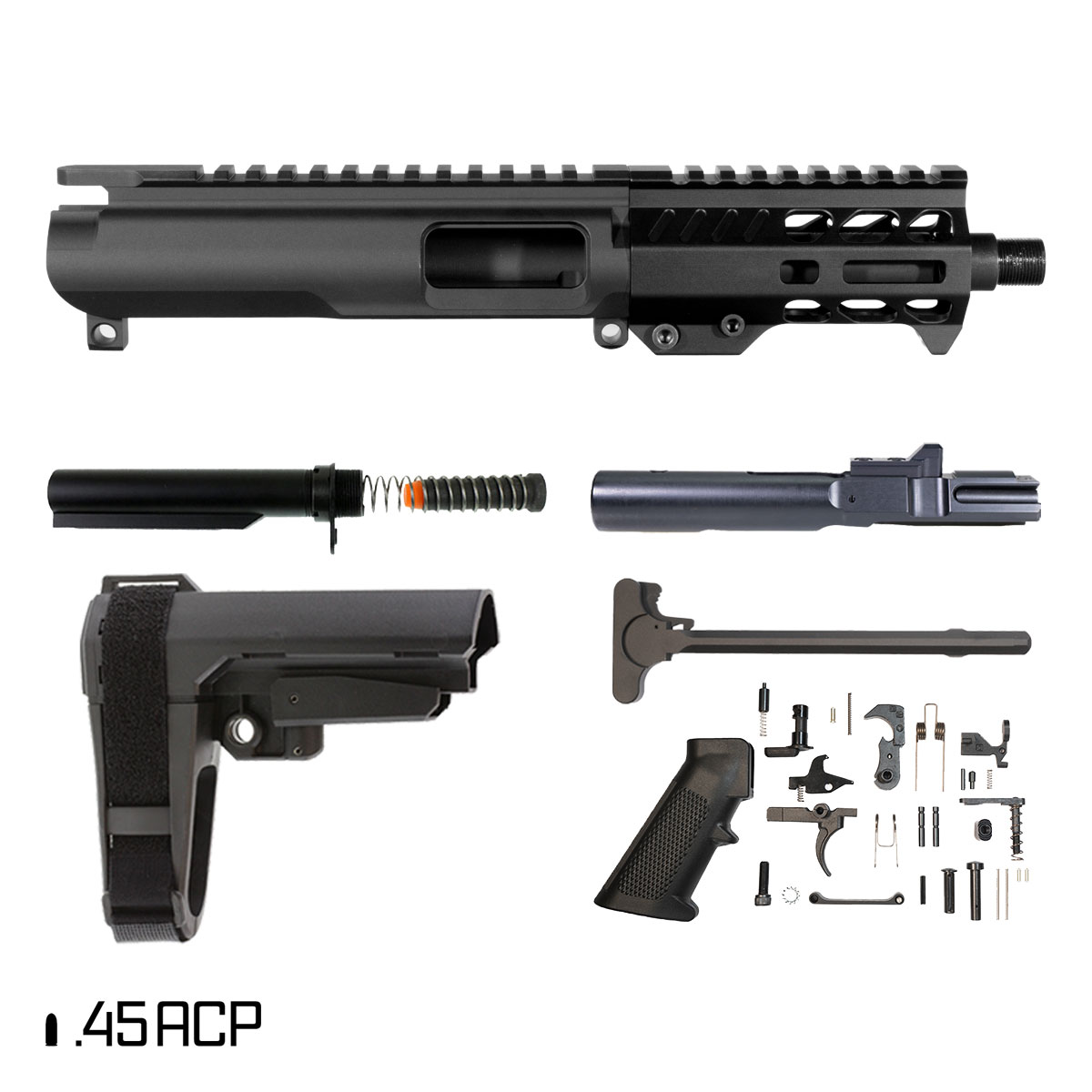 Davidson Defense Suppressor Ready Thornfield w/SBA3 Brace 5-inch 1:16 45ACP AR-45 Freefloat M-Lok Handguard Pistol Full Build Kit