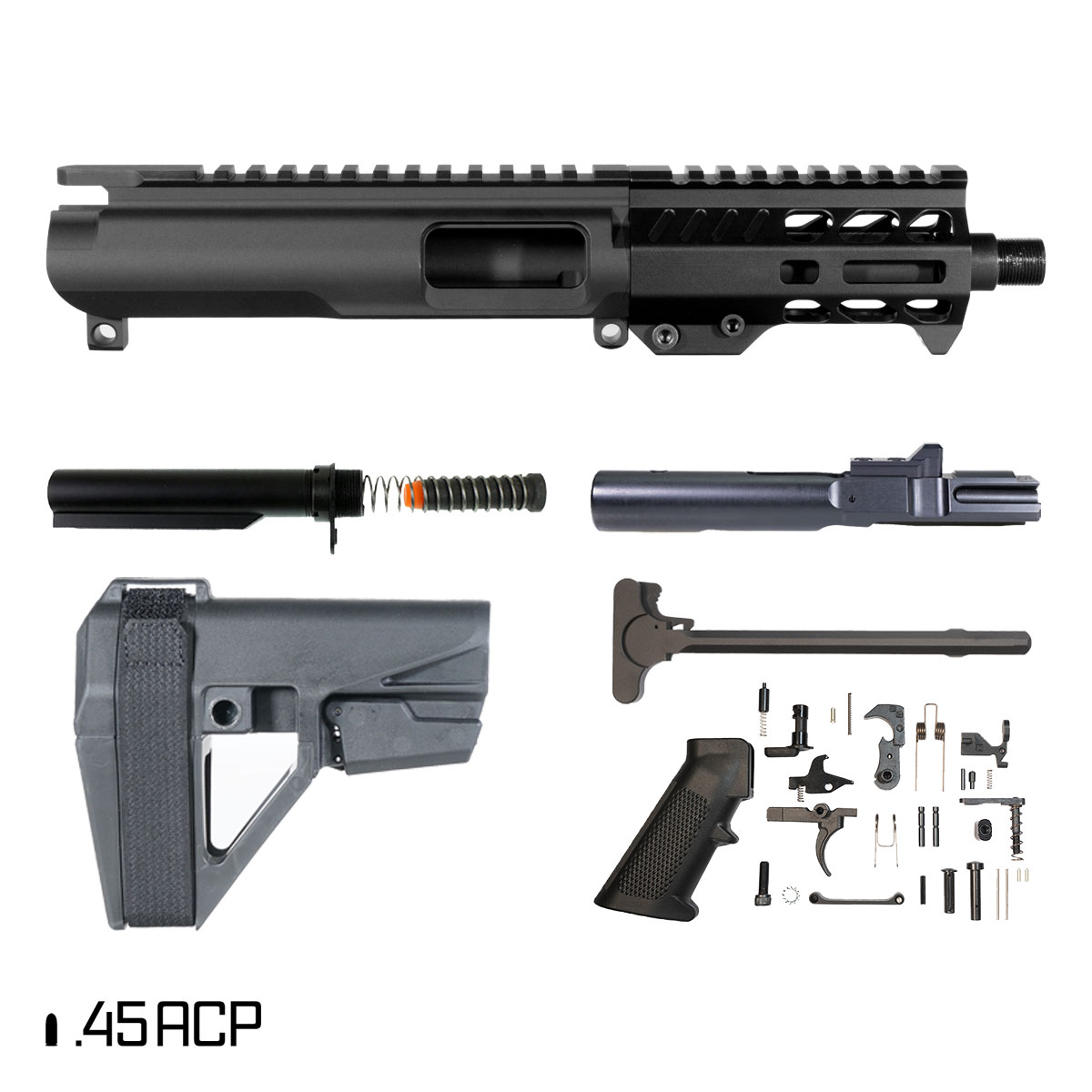Davidson Defense Suppressor Ready Thornfield w/SBA5 Brace 5-inch 1:16 45ACP AR-45 Freefloat M-Lok Handguard Pistol Full Build Kit