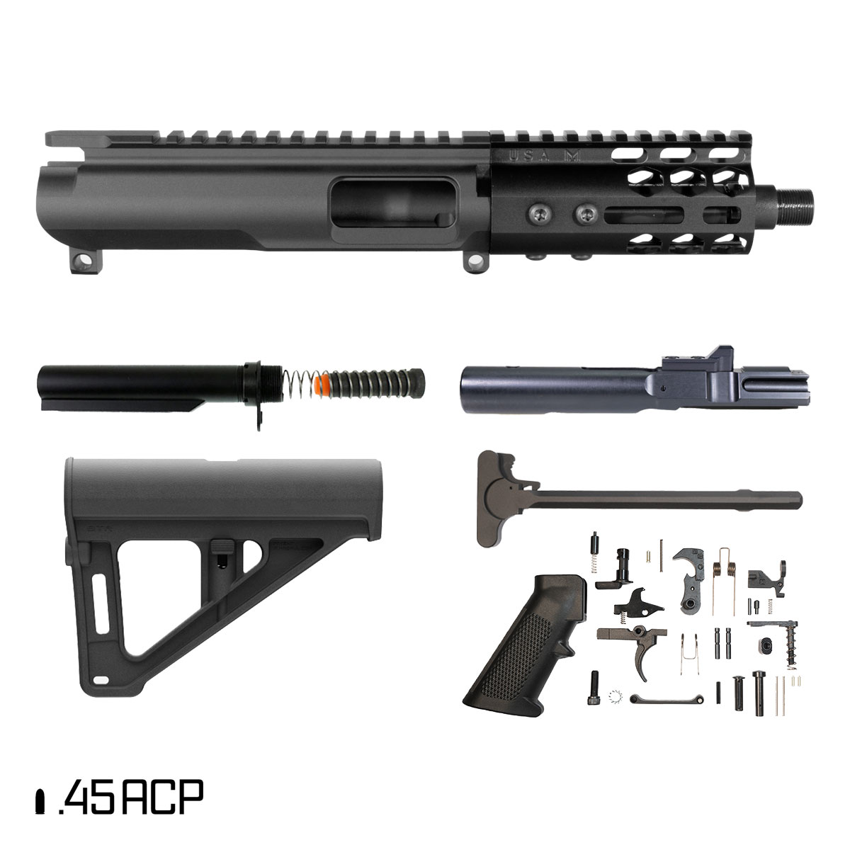 Davidson Defense Suppressor Ready Coldharbor w/BTR Brace 5-inch 1:16 45ACP AR-45 Freefloat M-Lok Handguard Pistol Full Build Kit