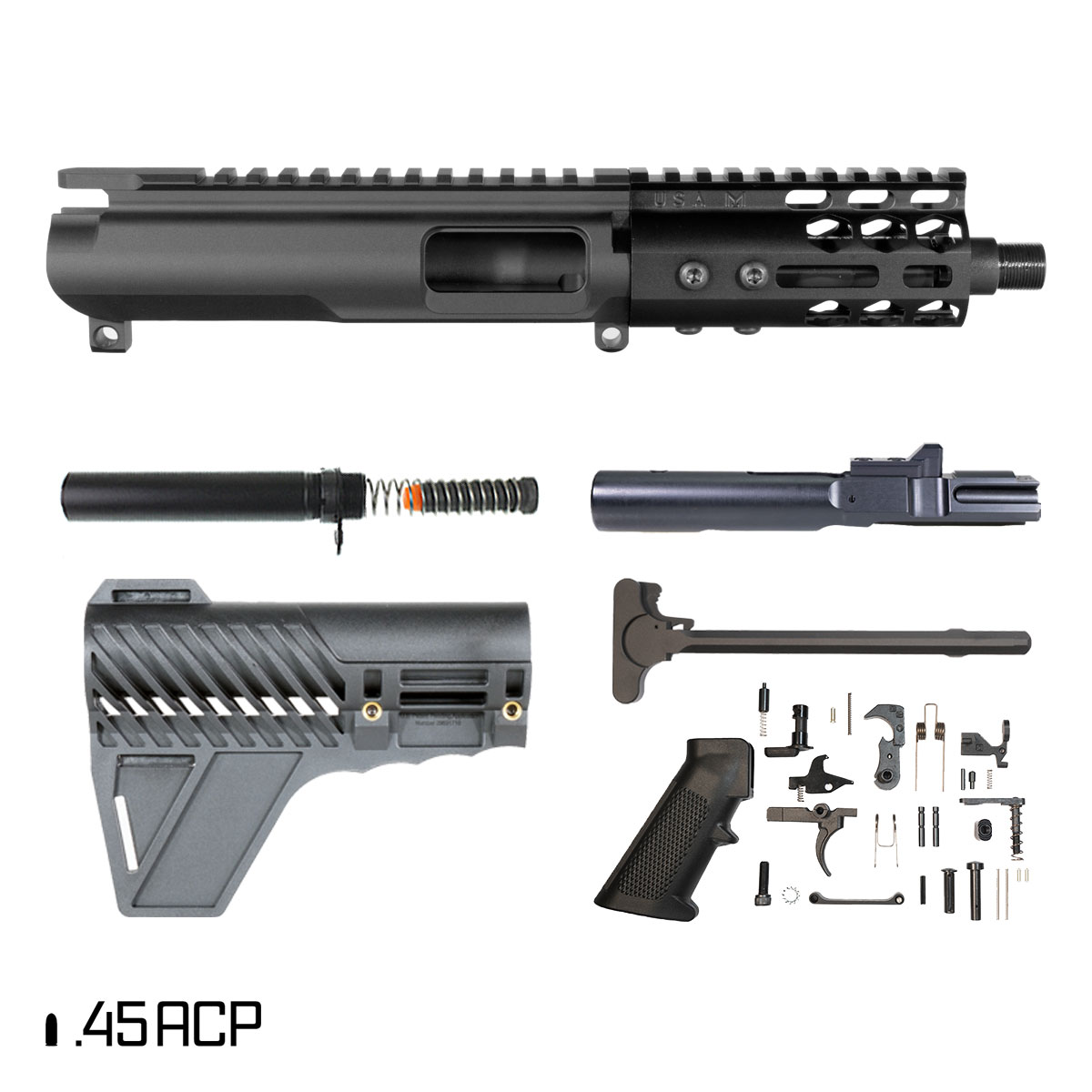 Davidson Defense Suppressor Ready Coldharbor w/Gauntlet Arms Brace 5-inch 1:16 45ACP AR-45 Freefloat M-Lok Handguard Pistol Full Build Kit