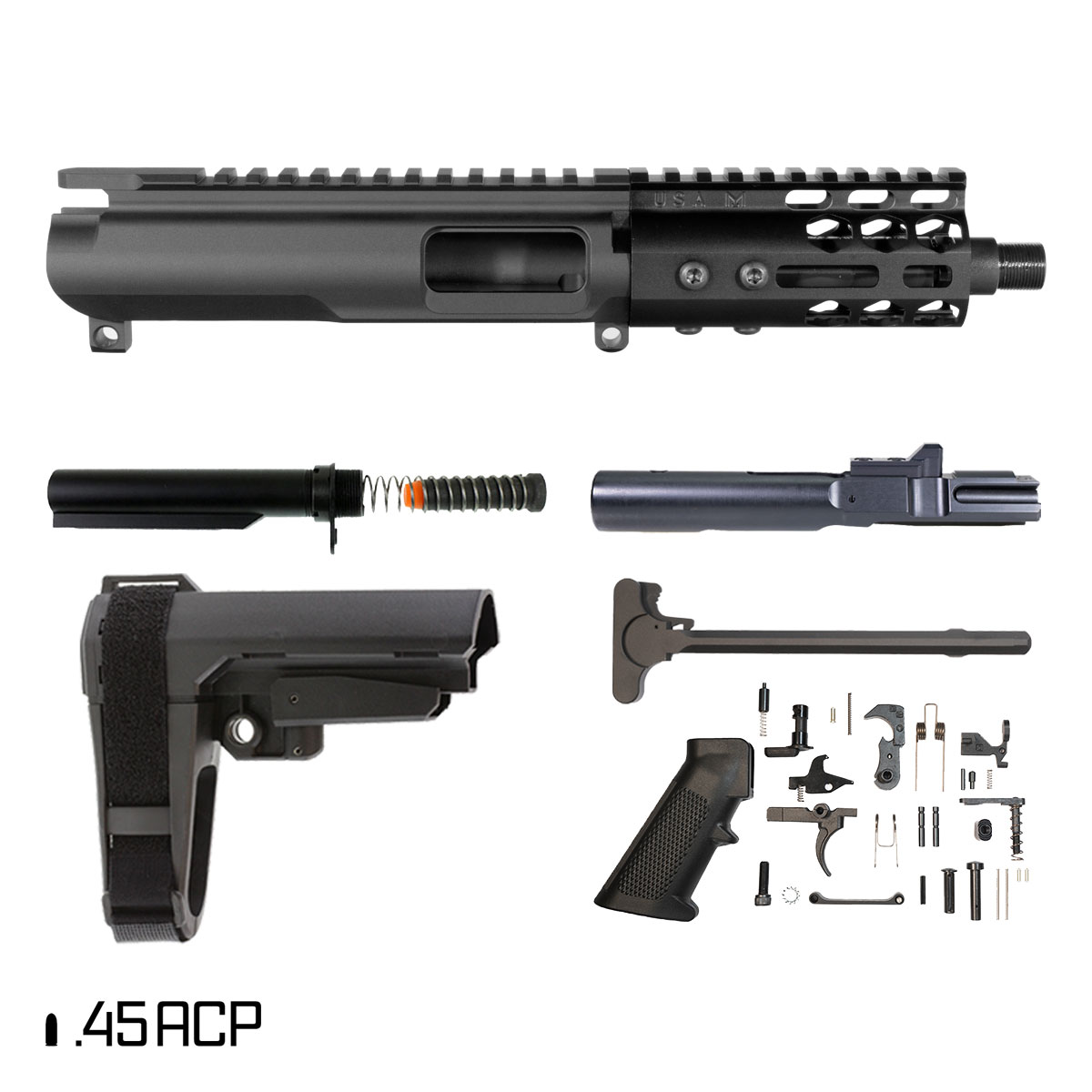 Davidson Defense Suppressor Ready Coldharbor w/SBA3 Brace 5-inch 1:16 45ACP AR-45 Freefloat M-Lok Handguard Pistol Full Build Kit