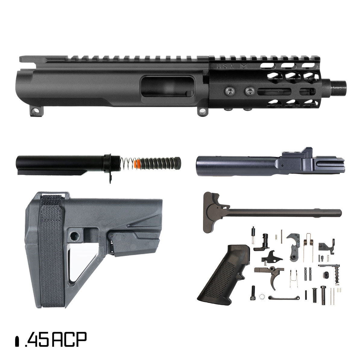 Davidson Defense Suppressor Ready Coldharbor w/SBA5 Brace 5-inch 1:16 45ACP AR-45 Freefloat M-Lok Handguard Pistol Full Build Kit