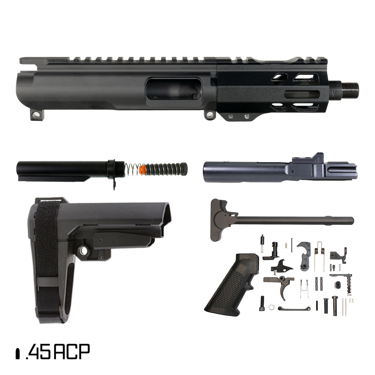 Davidson Defense Suppressor Ready Ronin Competition w/SBA3 Brace 5-inch 1:16 45ACP AR-45 Freefloat M-Lok Handguard Pistol Full Build Kit