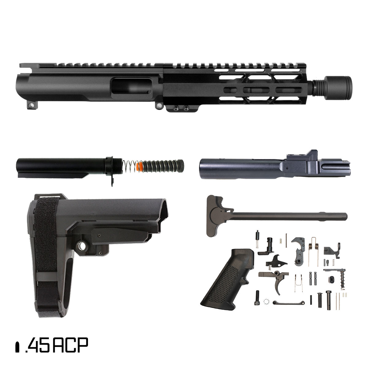 Davidson Defense Inferno w/SBA3 Brace 7.5-inch 1:16 45ACP AR-45 Freefloat M-Lok Handguard Pistol Full Build Kit