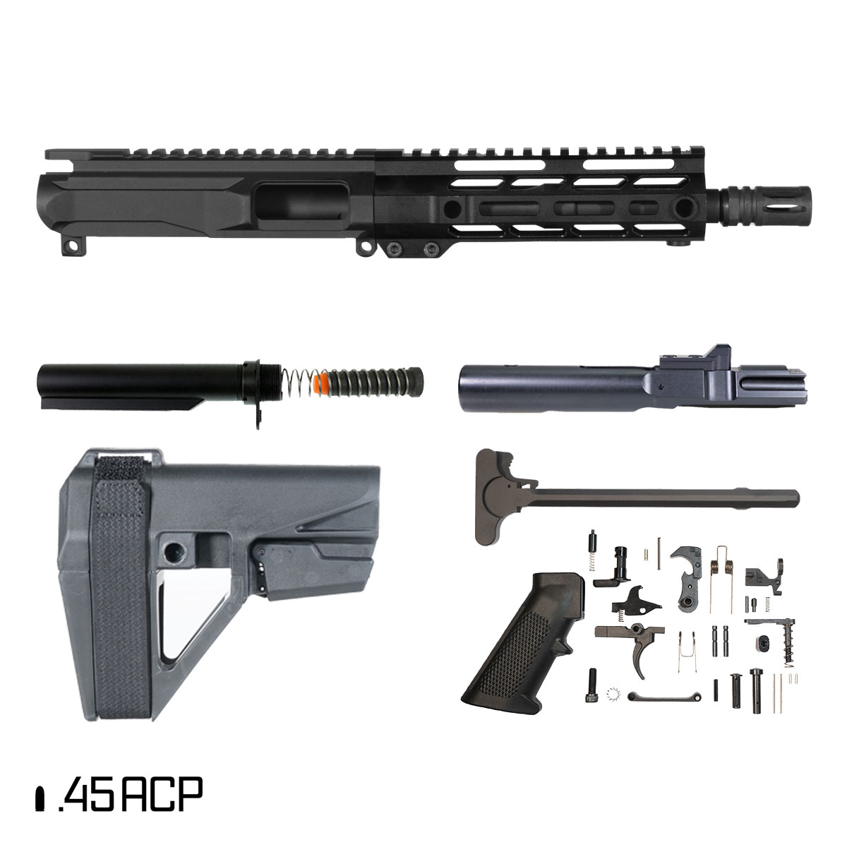 Davidson Defense Spellcaster w/SBA5 Brace 7.5-inch 1:16 45ACP AR-45 Freefloat M-Lok Handguard Pistol Full Build Kit