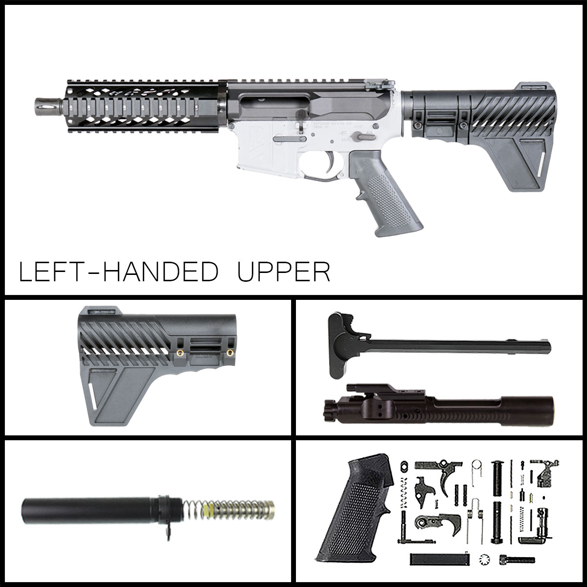 Davidson Defense 'Left Handed Quadrail Pistol w/Gauntlet Arms Pistol Brace' 7.5-inch AR-15 5.56 NATO Phosphate Left-Handed Pistol Full Build Kit