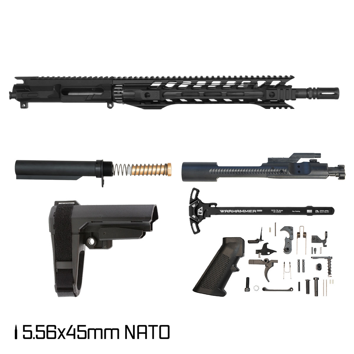 DTT Steiner w/SBA3 Brace 14.5-inch Mid-Gas 1:7 5.56 NATO AR-15 Freefloat M-Lok Handguard Pistol Full Build Kit, Pin & Weld Ready
