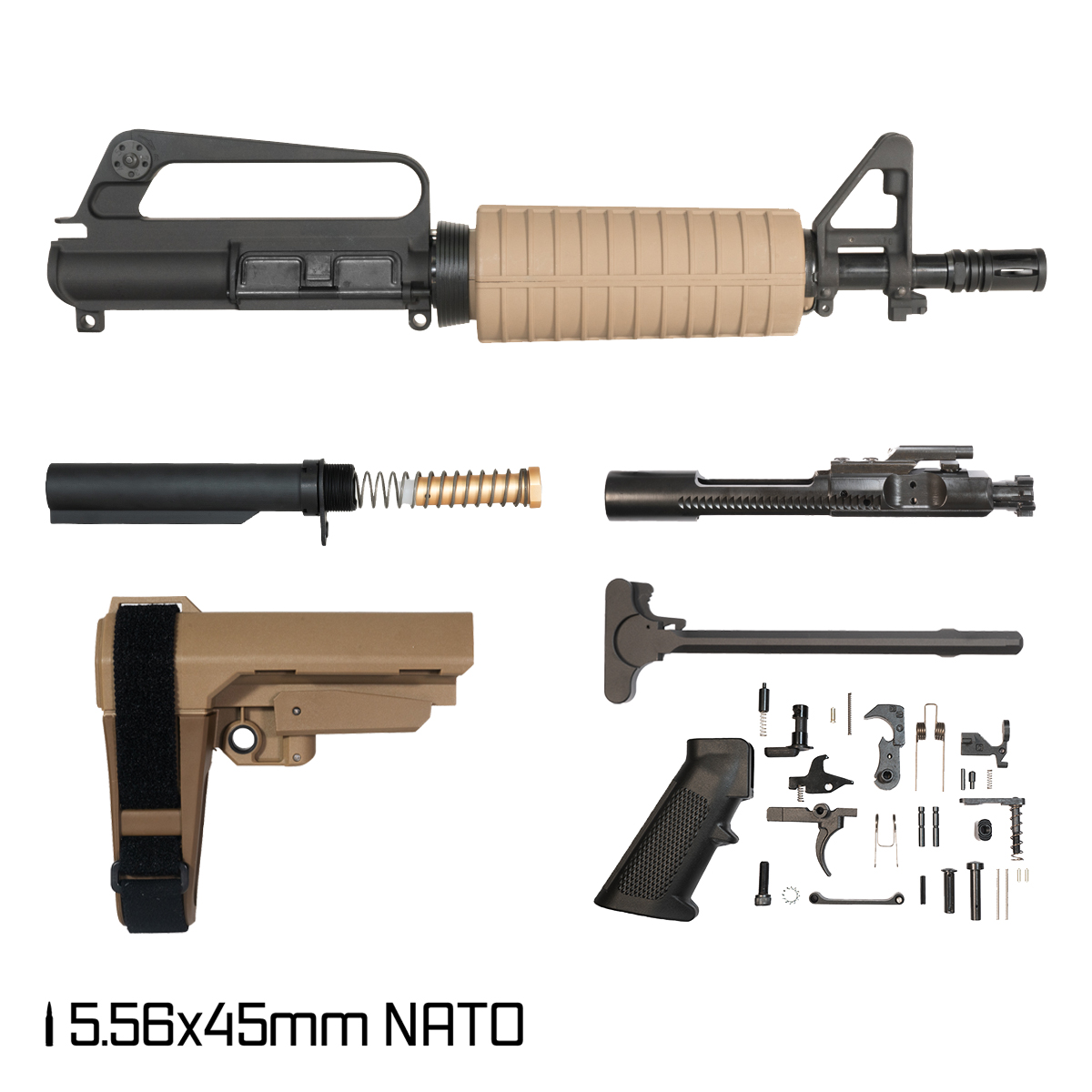Davidson Defense Dunewatch w/SBA3 FDE Brace 10.5-inch Carbine-Gas 1:8 5.56 NATO AR-15 FDE Drop-In Polymer Handguard Pistol Full Build Kit