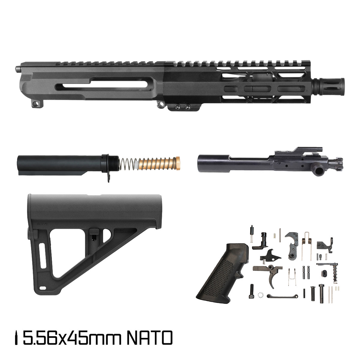 Davidson Defense Short Strike Side Charging w/Magpul BTR Brace 7.5-inch Pistol-Gas 1:7 5.56 NATO AR-15 Freefloat M-Lok Handguard Pistol Full Build Kit