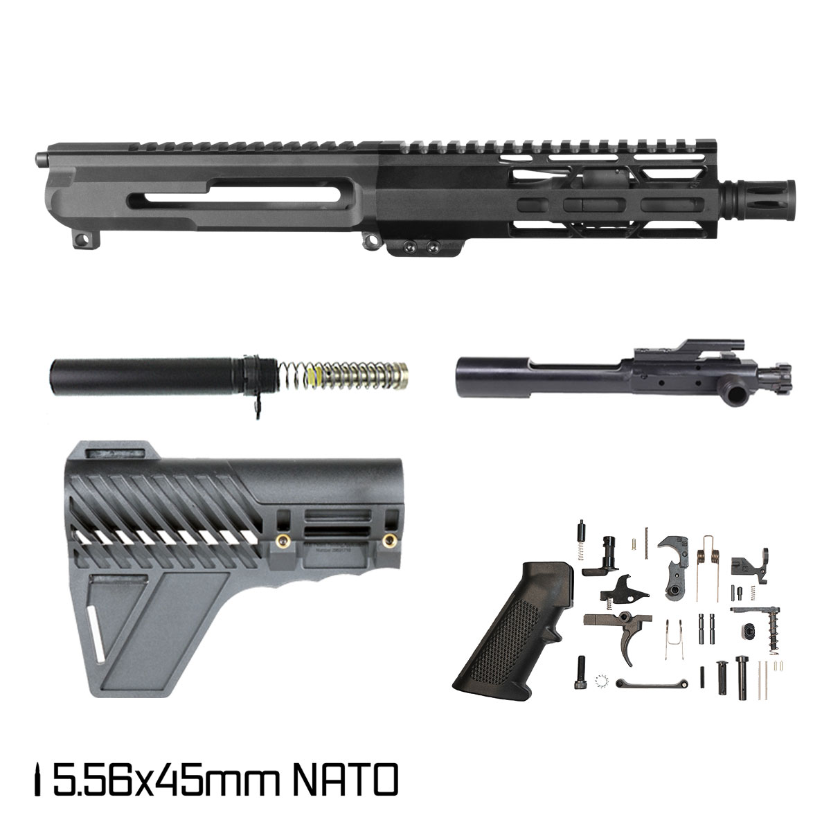 Davidson Defense Short Strike Side Charging w/Gauntlet Arms Brace 7.5-inch Pistol-Gas 1:7 5.56 NATO AR-15 Freefloat M-Lok Handguard Pistol Full Build Kit