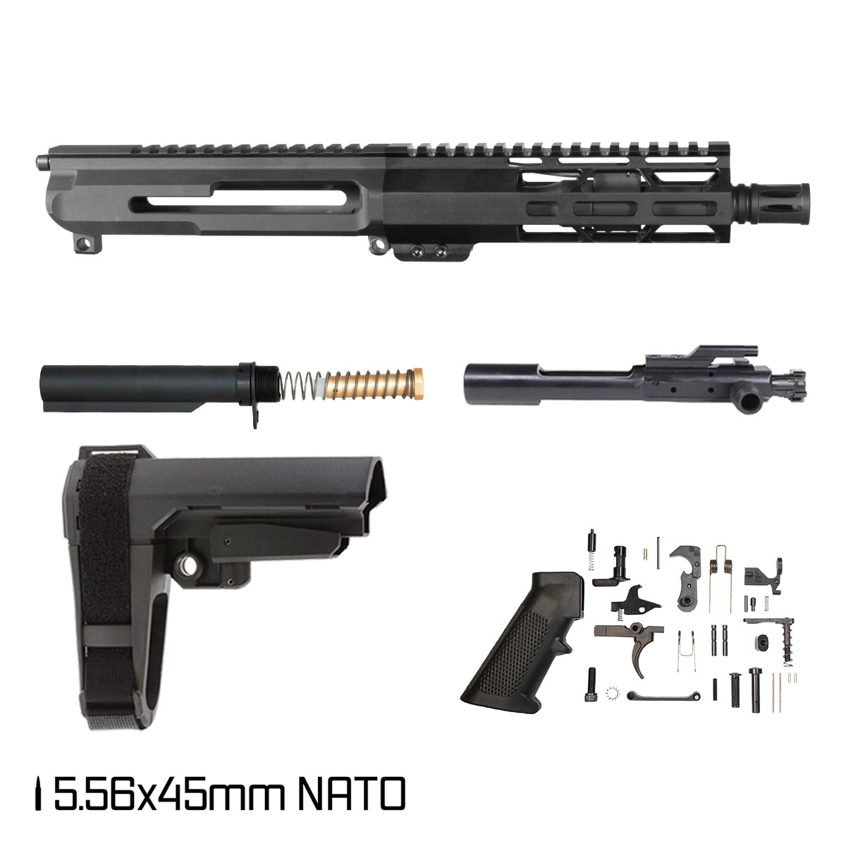 Davidson Defense Short Strike Side Charging w/SBA3 Brace 7.5-inch Pistol-Gas 1:7 5.56 NATO AR-15 Freefloat M-Lok Handguard Pistol Full Build Kit