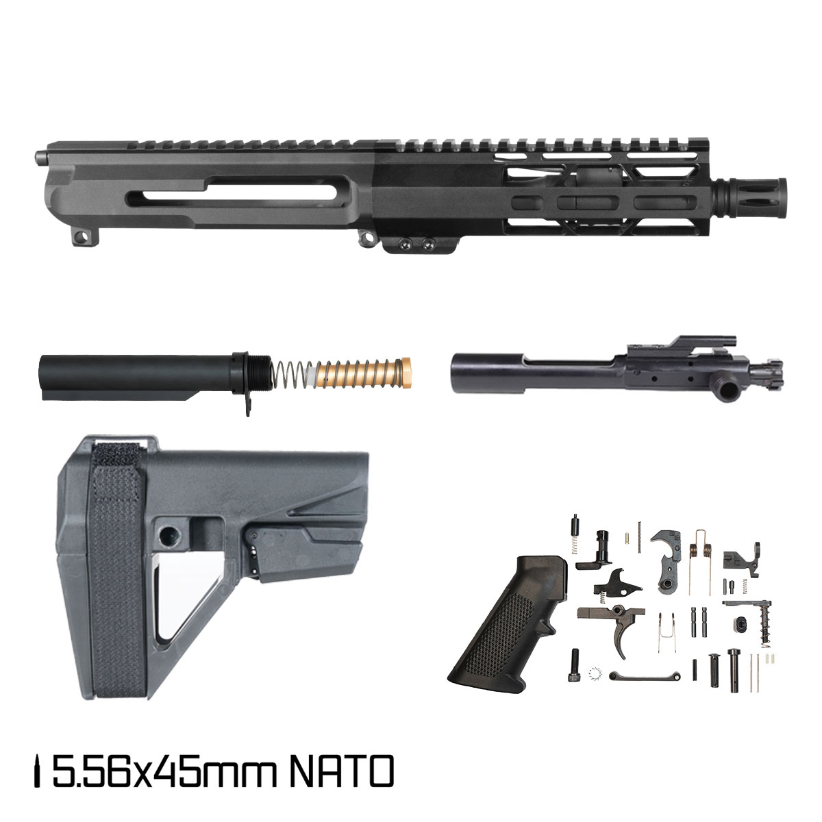 Davidson Defense Short Strike Side Charging w/SBA5 Brace 7.5-inch Pistol-Gas 1:7 5.56 NATO AR-15 Freefloat M-Lok Handguard Pistol Full Build Kit