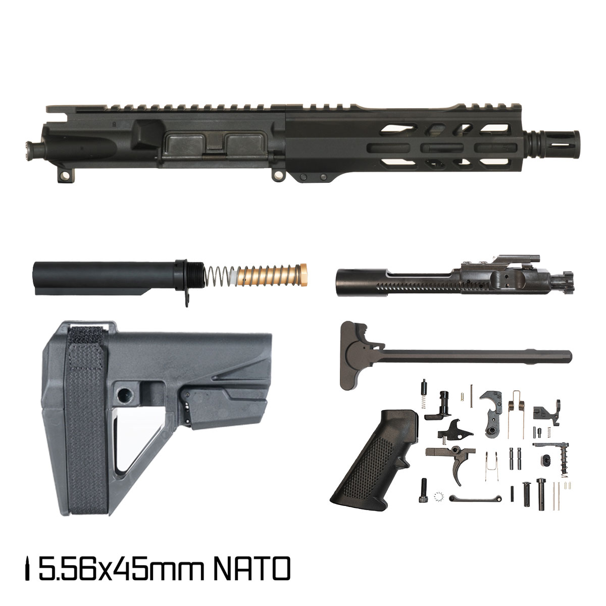 Davidson Defense True Blue w/SBA5 Brace 7.5-inch Pistol-Gas 1:7 5.56 NATO AR-15 Freefloat M-Lok Handguard Pistol Full Build Kit