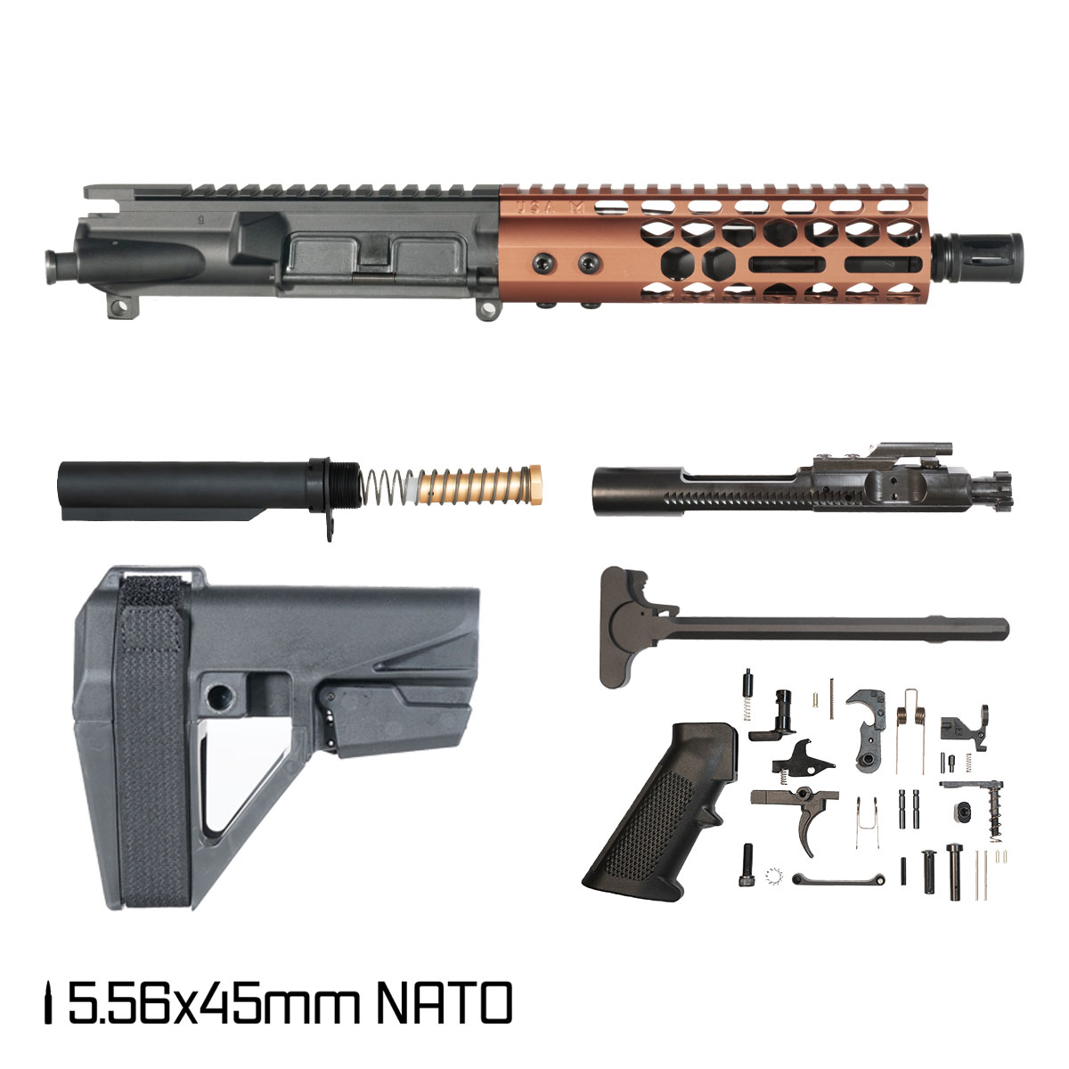 Davidson Defense Lightshow Anodized Bronze w/SBA5 Brace 7.5-inch Pistol-Gas 1:7 5.56 NATO AR-15 Freefloat M-Lok Handguard Pistol Full Build Kit