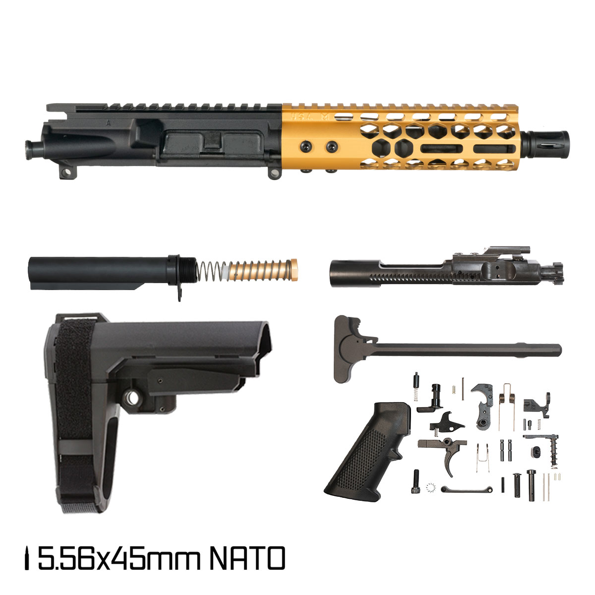 Davidson Defense Lightshow Anodized Gold w/SBA3 Brace 7.5-inch Pistol-Gas 1:7 5.56 NATO AR-15 Freefloat M-Lok Handguard Pistol Full Build Kit