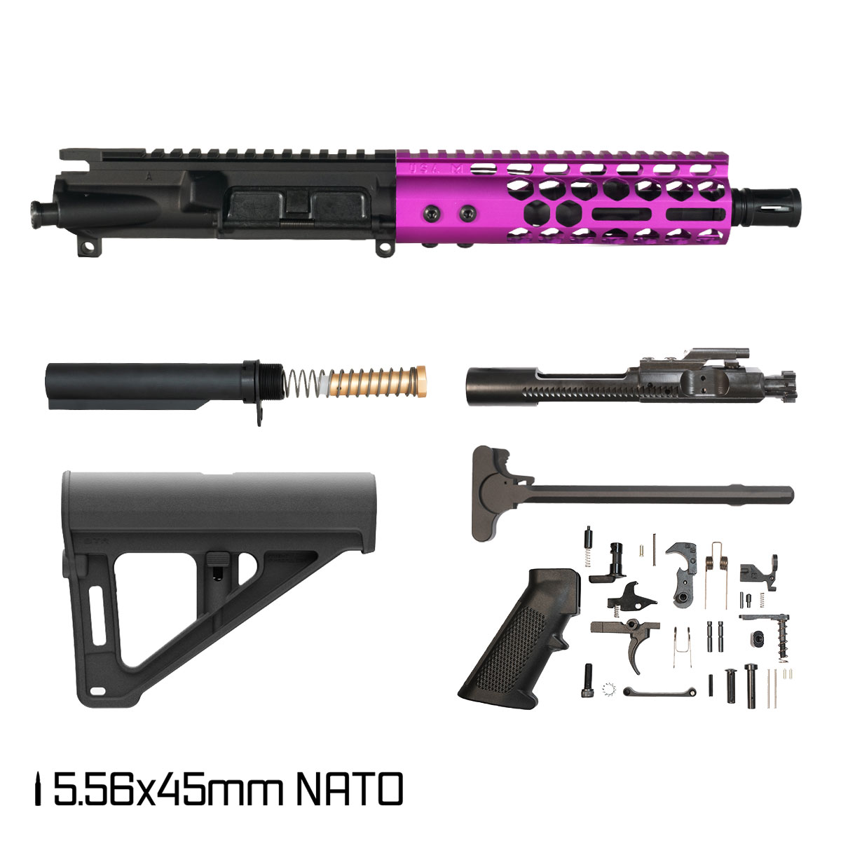 Davidson Defense Lightshow Anodized Purple w/Magpul BTR Brace 7.5-inch Pistol-Gas 1:7 5.56 NATO AR-15 Freefloat M-Lok Handguard Pistol Full Build Kit