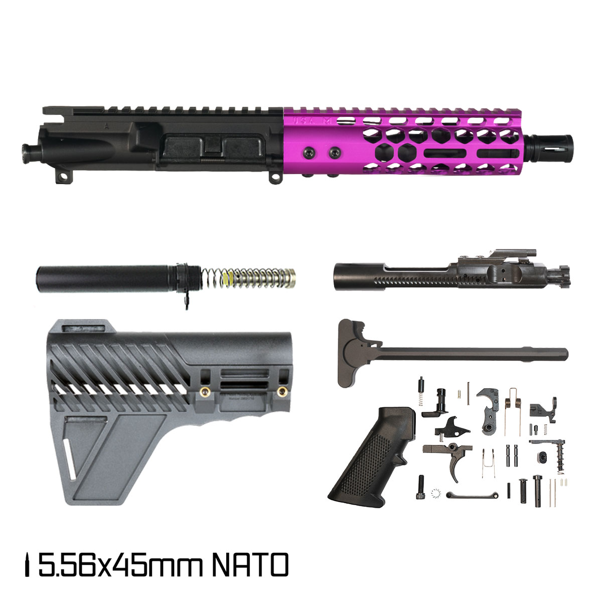 Davidson Defense Lightshow Anodized Purple w/Gauntlet Arms Brace 7.5-inch Pistol-Gas 1:7 5.56 NATO AR-15 Freefloat M-Lok Handguard Pistol Full Build Kit