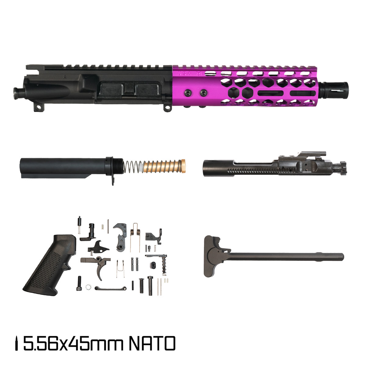 Davidson Defense Lightshow Anodized Purple 7.5-inch Pistol-Gas 1:7 5.56 NATO AR-15 Freefloat M-Lok Handguard Pistol Full Build Kit, SBR Ready