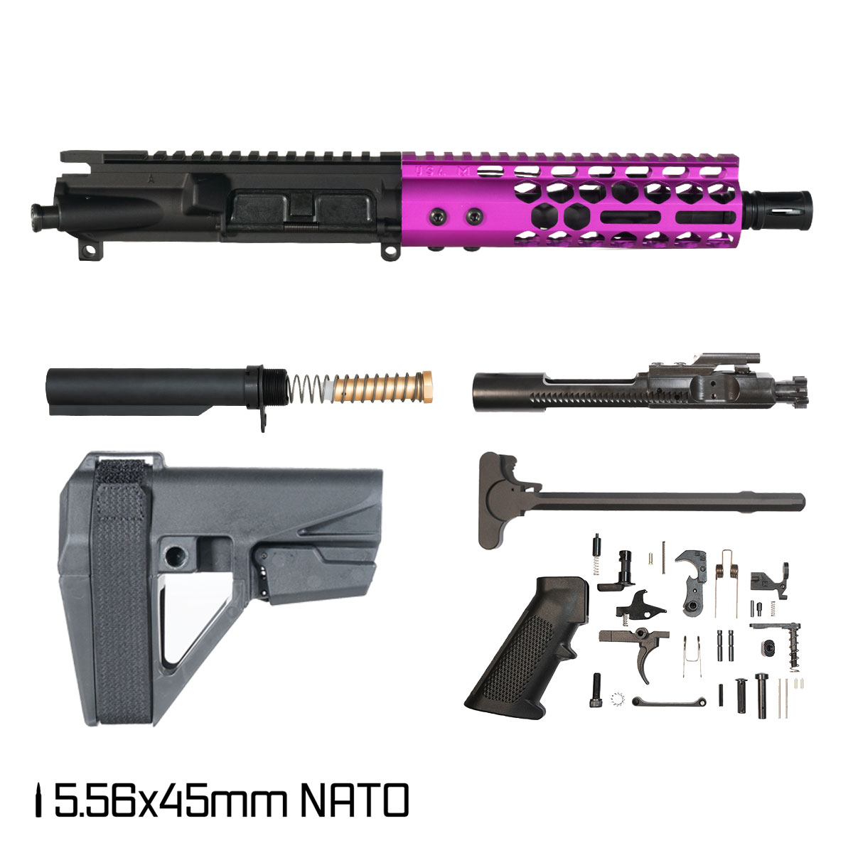 Davidson Defense Lightshow Anodized Purple w/SBA5 Brace 7.5-inch Pistol-Gas 1:7 5.56 NATO AR-15 Freefloat M-Lok Handguard Pistol Full Build Kit