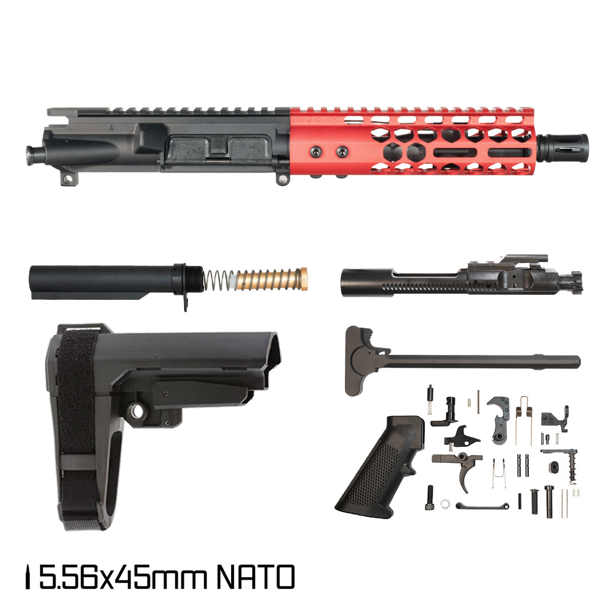 Davidson Defense Lightshow Anodized Red w/SBA3 Brace 7.5-inch Pistol-Gas 1:7 5.56 NATO AR-15 Freefloat M-Lok Handguard Pistol Full Build Kit