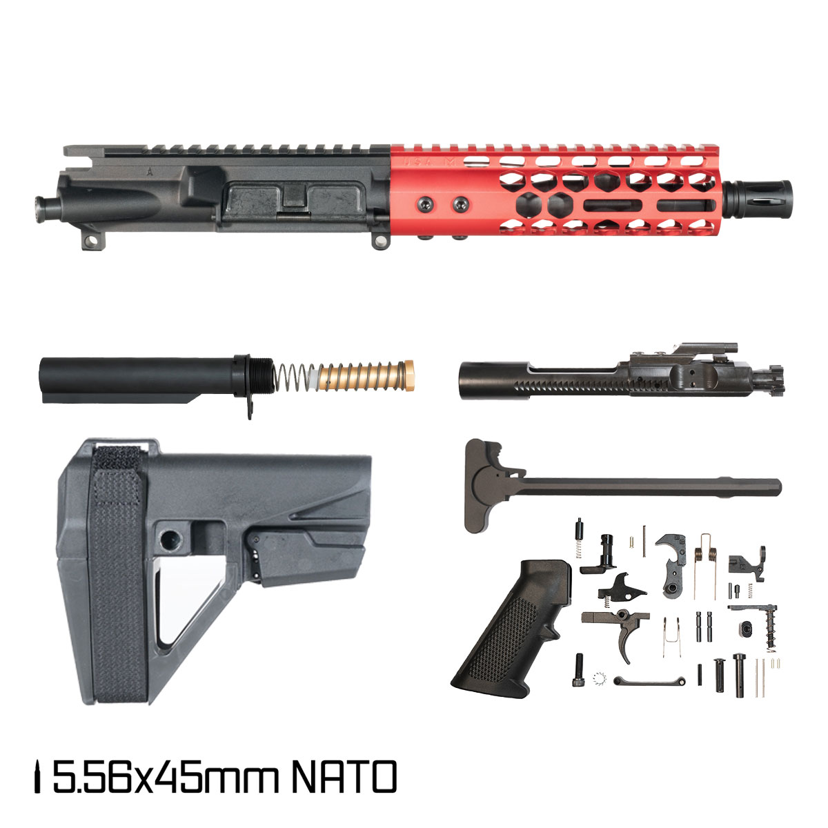 Davidson Defense Lightshow Anodized Red w/SBA5 Brace 7.5-inch Pistol-Gas 1:7 5.56 NATO AR-15 Freefloat M-Lok Handguard Pistol Full Build Kit