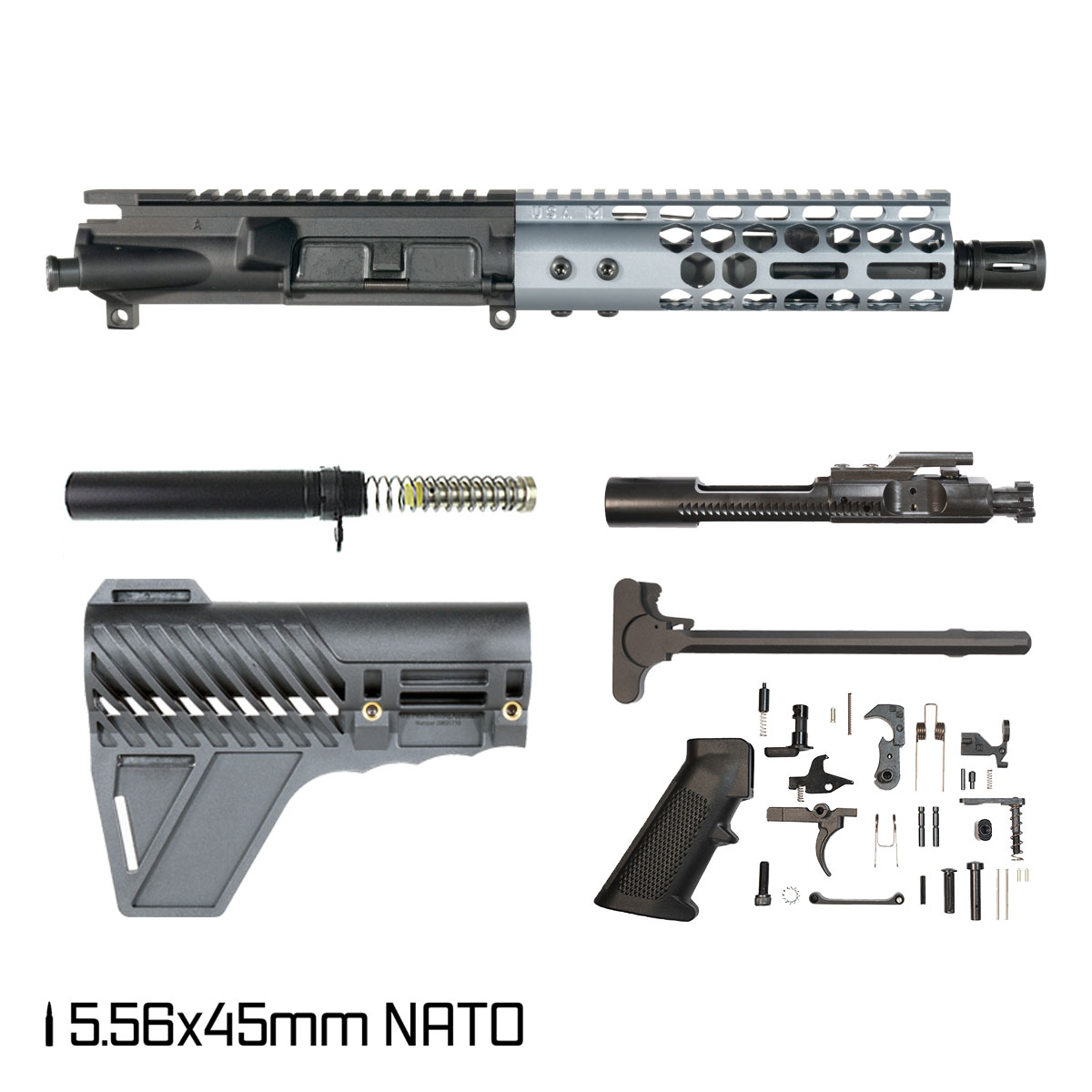 Davidson Defense Lightshow Anodized Grey w/Gauntlet Arms Brace 7.5-inch Pistol-Gas 1:7 5.56 NATO AR-15 Freefloat M-Lok Handguard Pistol Full Build Kit