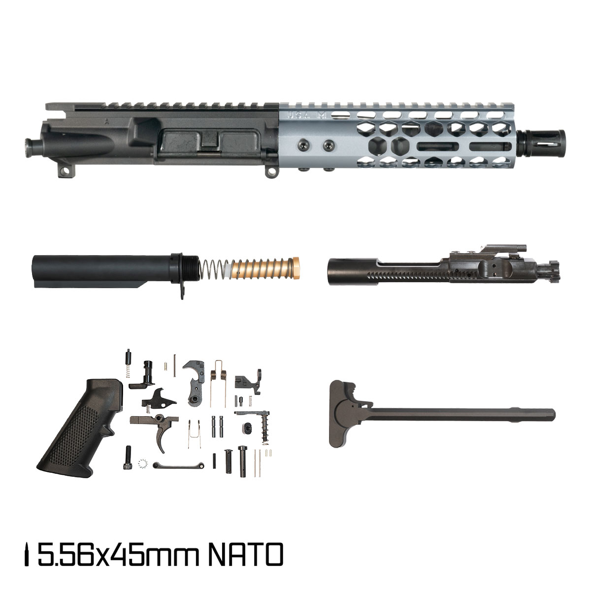 Davidson Defense Lightshow Anodized Grey 7.5-inch Pistol-Gas 1:7 5.56 NATO AR-15 Freefloat M-Lok Handguard Pistol Full Build Kit, SBR Ready