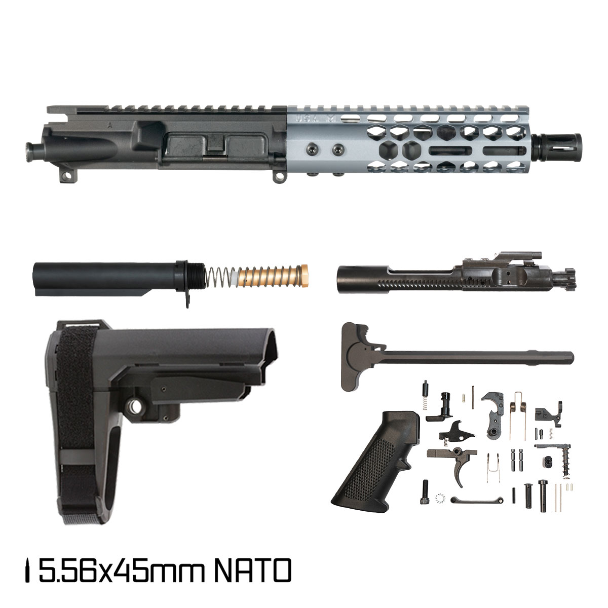Davidson Defense Lightshow Anodized Grey w/SBA3 Brace 7.5-inch Pistol-Gas 1:7 5.56 NATO AR-15 Freefloat M-Lok Handguard Pistol Full Build Kit