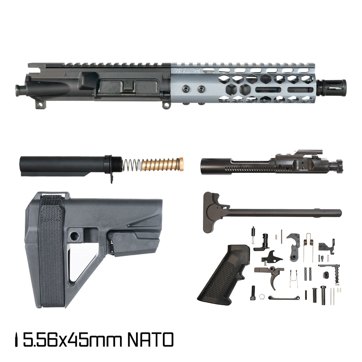 Davidson Defense Lightshow Anodized Grey w/SBA5 Brace 7.5-inch Pistol-Gas 1:7 5.56 NATO AR-15 Freefloat M-Lok Handguard Pistol Full Build Kit