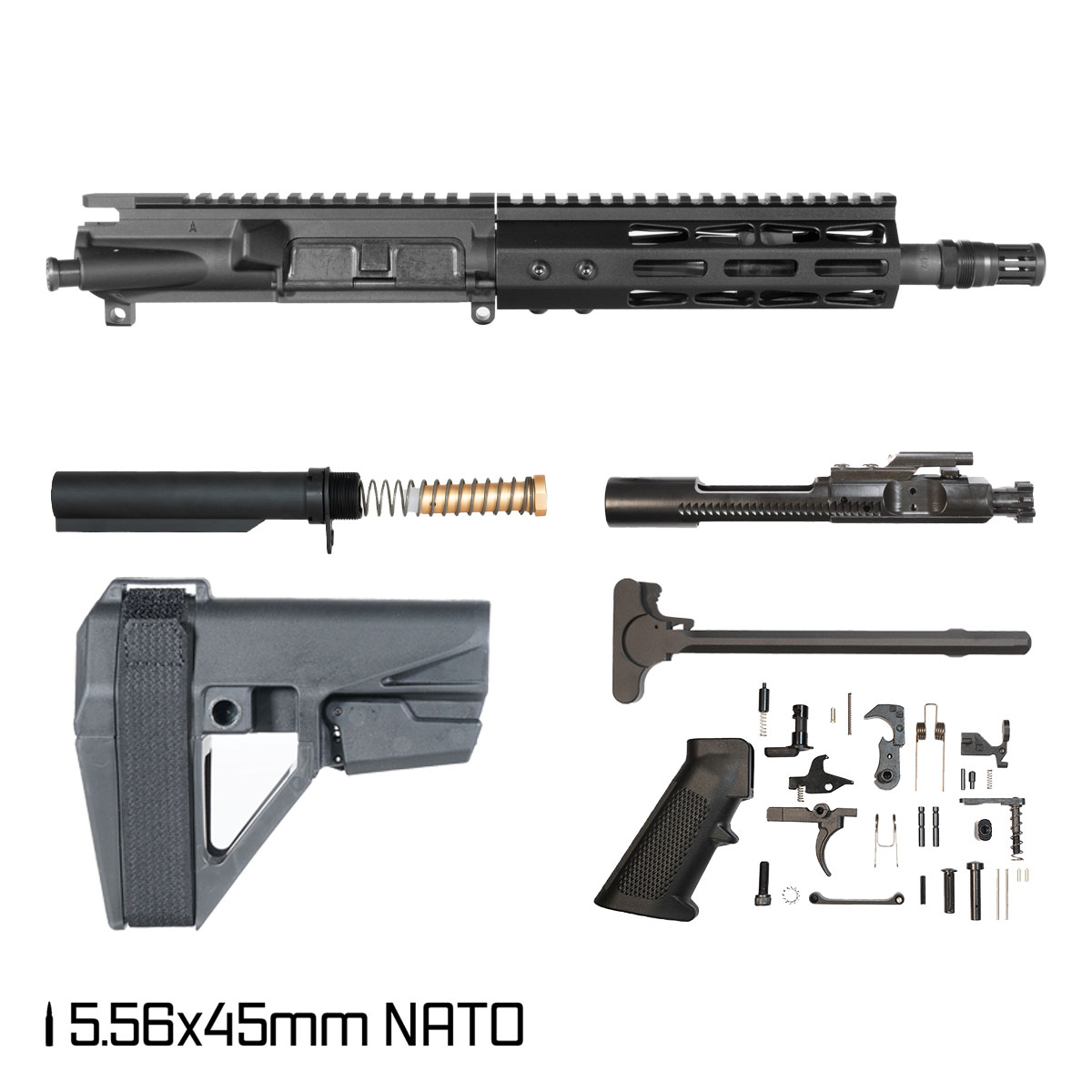 Davidson Defense Komet w/SBA5 Brace 8.5-inch Pistol-Gas 1:7 556 AR-15 Freefloat M-Lok Handguard Pistol Full Build Kit, Alcatraz Plan B Flash Hider