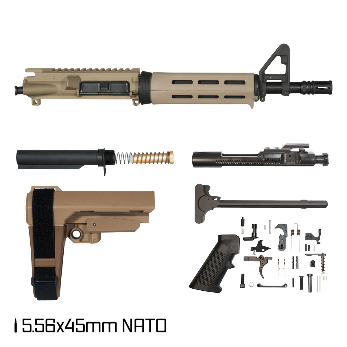 Davidson Defense Alabaster w/FDE SBA3 Brace 10.5-inch Carbine-Gas 5.56 NATO AR-15 Drop-In M-Lok Handguard Pistol Full Build Kit