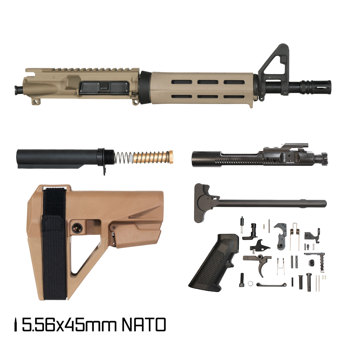 Davidson Defense Alabaster w/FDE SBA5 Brace 10.5-inch Carbine-Gas 5.56 NATO AR-15 Drop-In M-Lok Handguard Pistol Full Build Kit