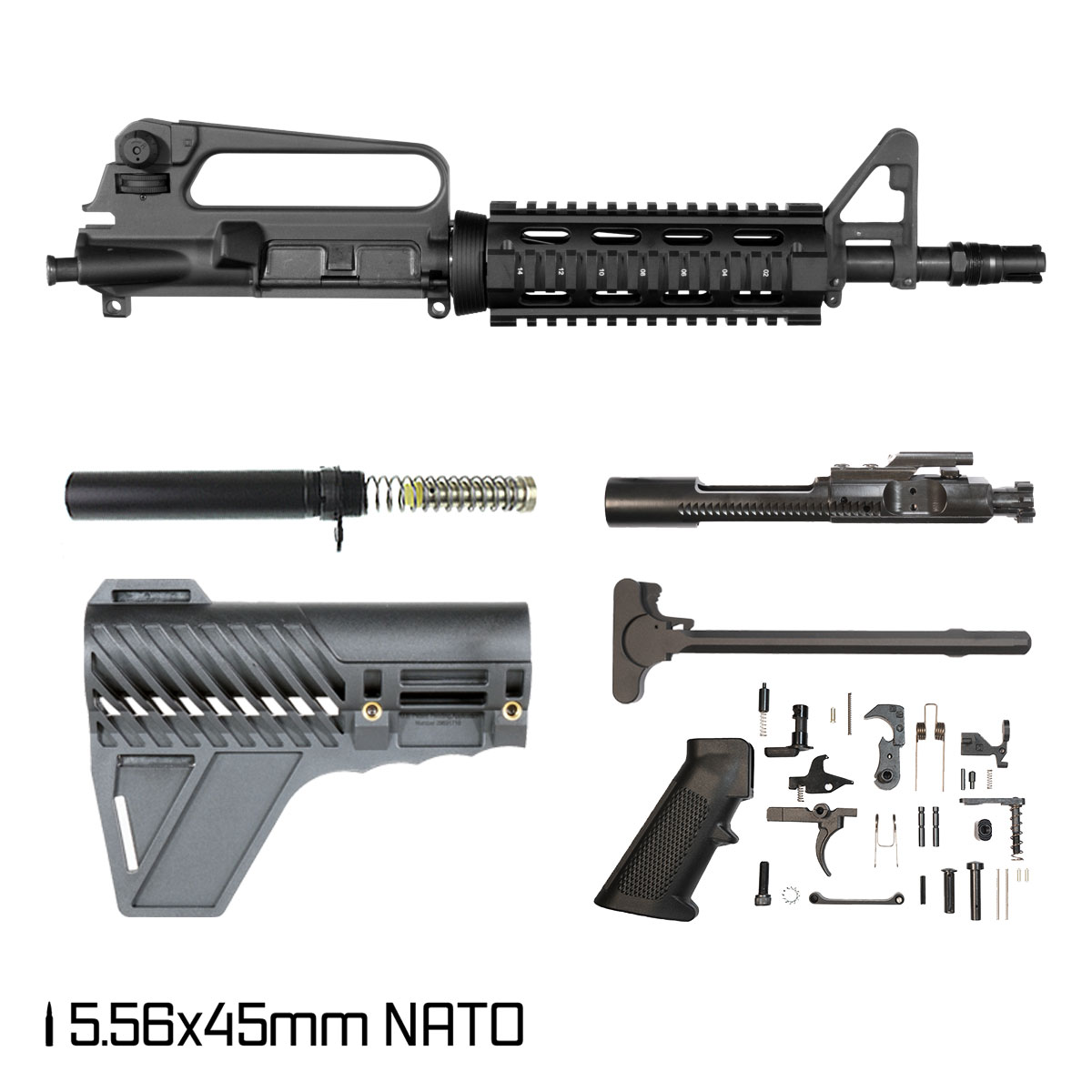 Davidson Defense Silent Commando w/Gauntlet Arms Brace 10.5-inch 5.56 NATO AR-15 Drop-In Quad-Rail Pistol Full Build Kit, Plan B Trident Flash Hider