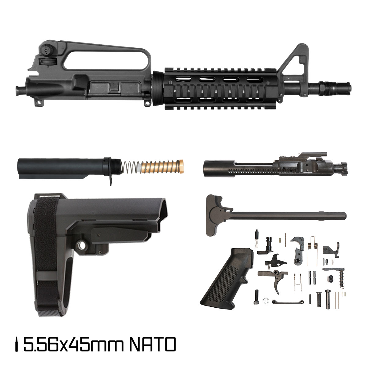 Davidson Defense Silent Commando w/SBA3 Brace 10.5-inch 5.56 NATO AR-15 Drop-In Quad-Rail Pistol Full Build Kit, Plan B Trident Flash Hider