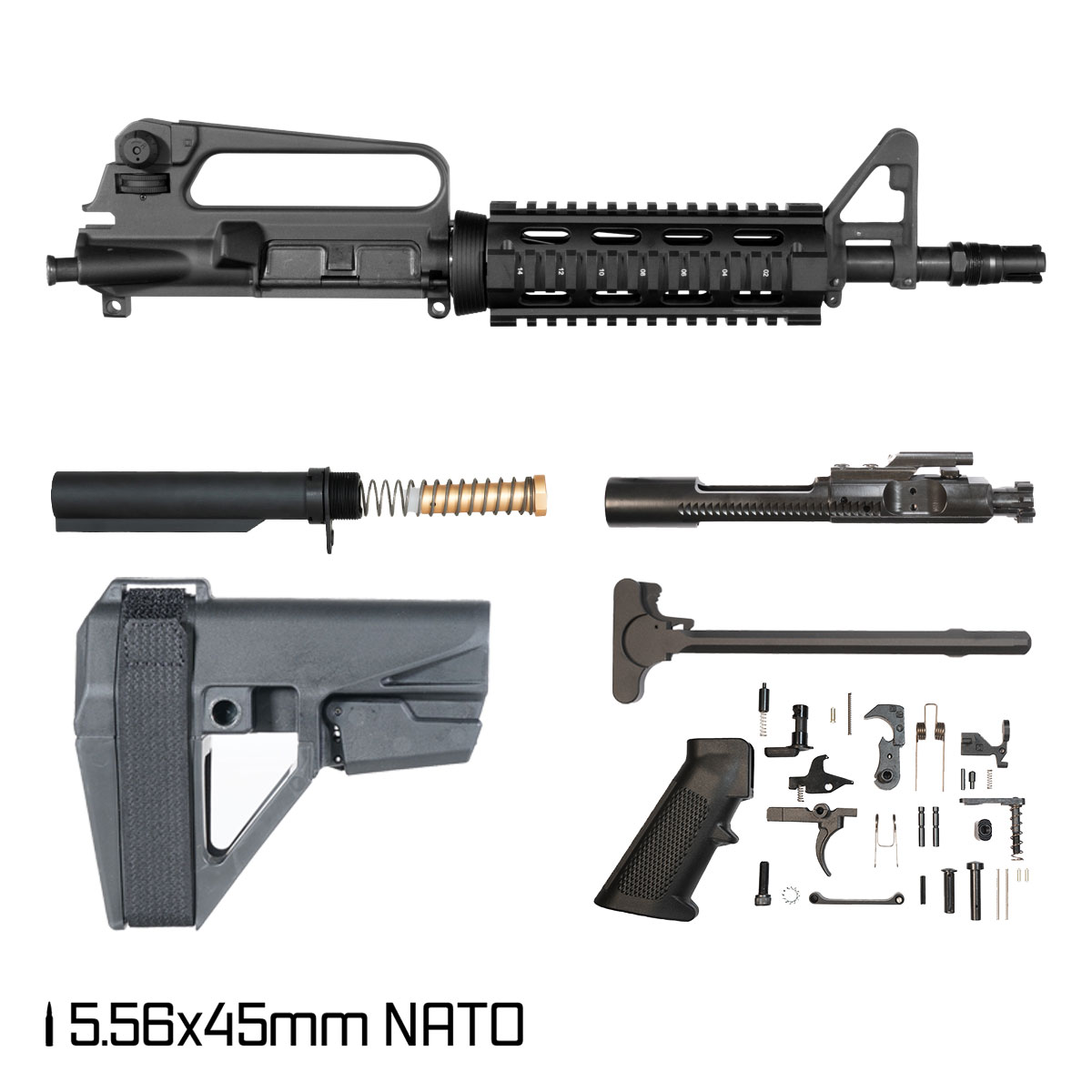 Davidson Defense Silent Commando w/SBA5 Brace 10.5-inch 5.56 NATO AR-15 Drop-In Quad-Rail Pistol Full Build Kit, Plan B Trident Flash Hider