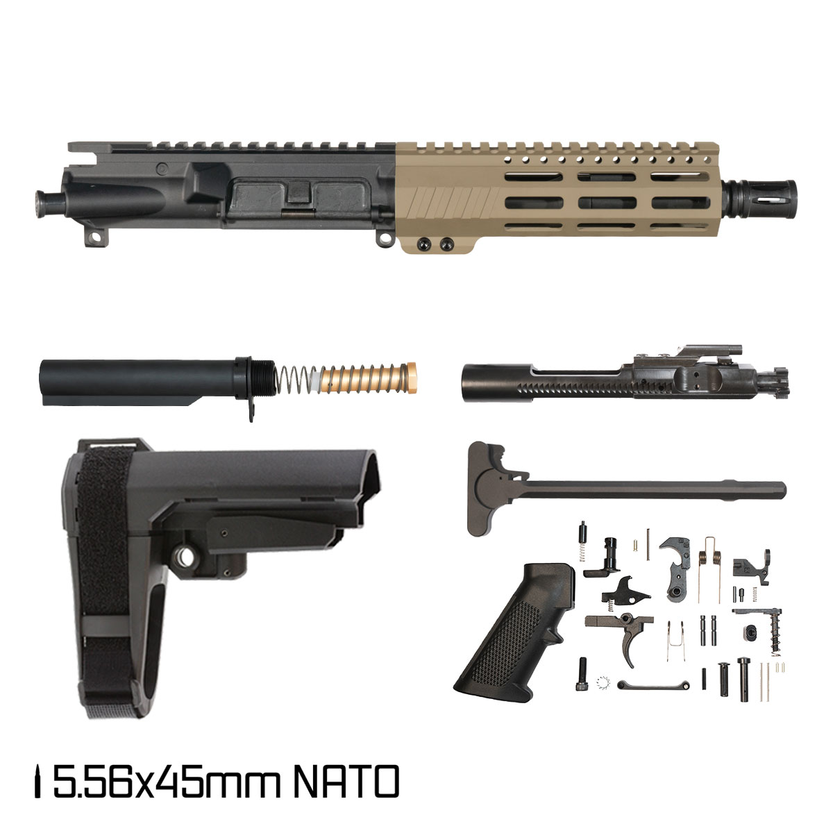 Davidson Defense Sand Crusader w/SBA3 Brace 7.5-inch Pistol-Gas 1:7 5.56 NATO AR-15 M-Lok Pistol Full Build Kit