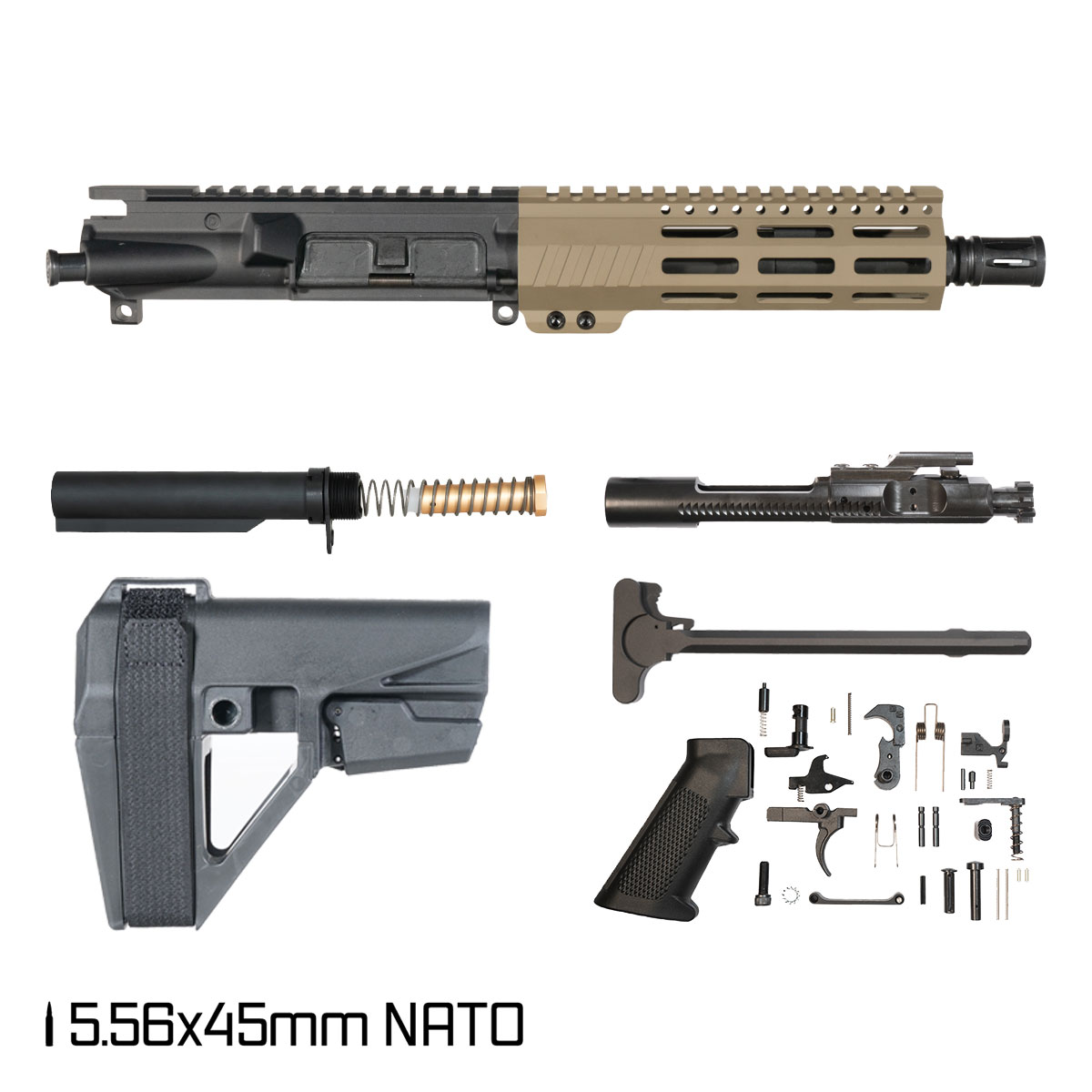 Davidson Defense Sand Crusader w/SBA5 Brace 7.5-inch Pistol-Gas 1:7 5.56 NATO AR-15 M-Lok Pistol Full Build Kit