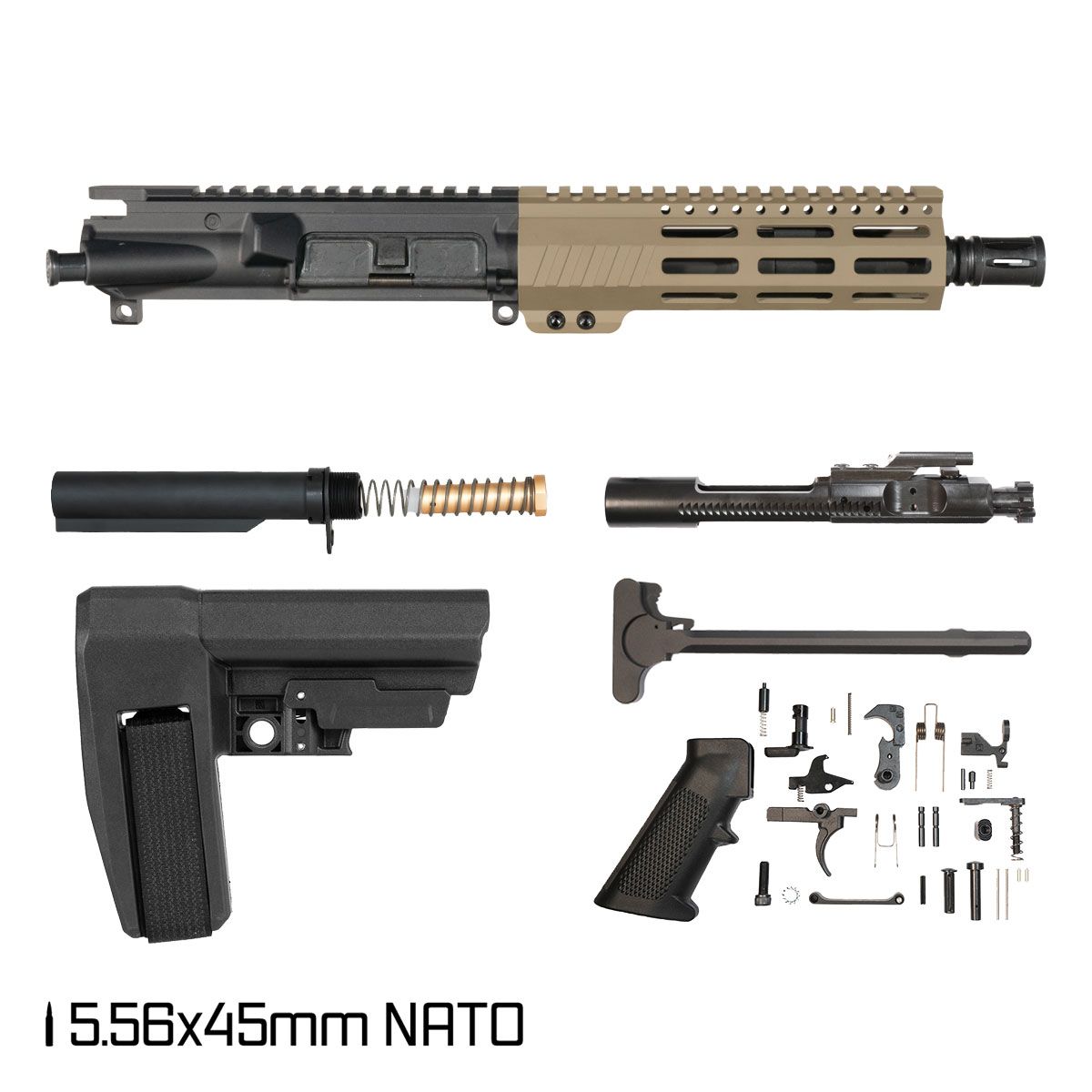 Davidson Defense Sand Crusader w/SBA6 Brace 7.5-inch Pistol-Gas 1:7 5.56 NATO AR-15 M-Lok Pistol Full Build Kit