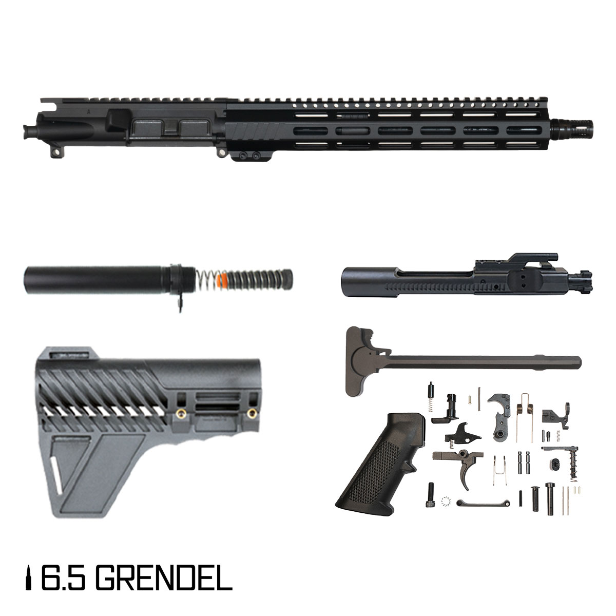 Davidson Defense Aegis w/Gauntlet Arms Brace 12.5-inch Carbine-Gas 1:8 6.5 Grendel AR-15 Freefloat M-Lok Handguard Pistol Full Build Kit, Plan B A7 Flash Hider