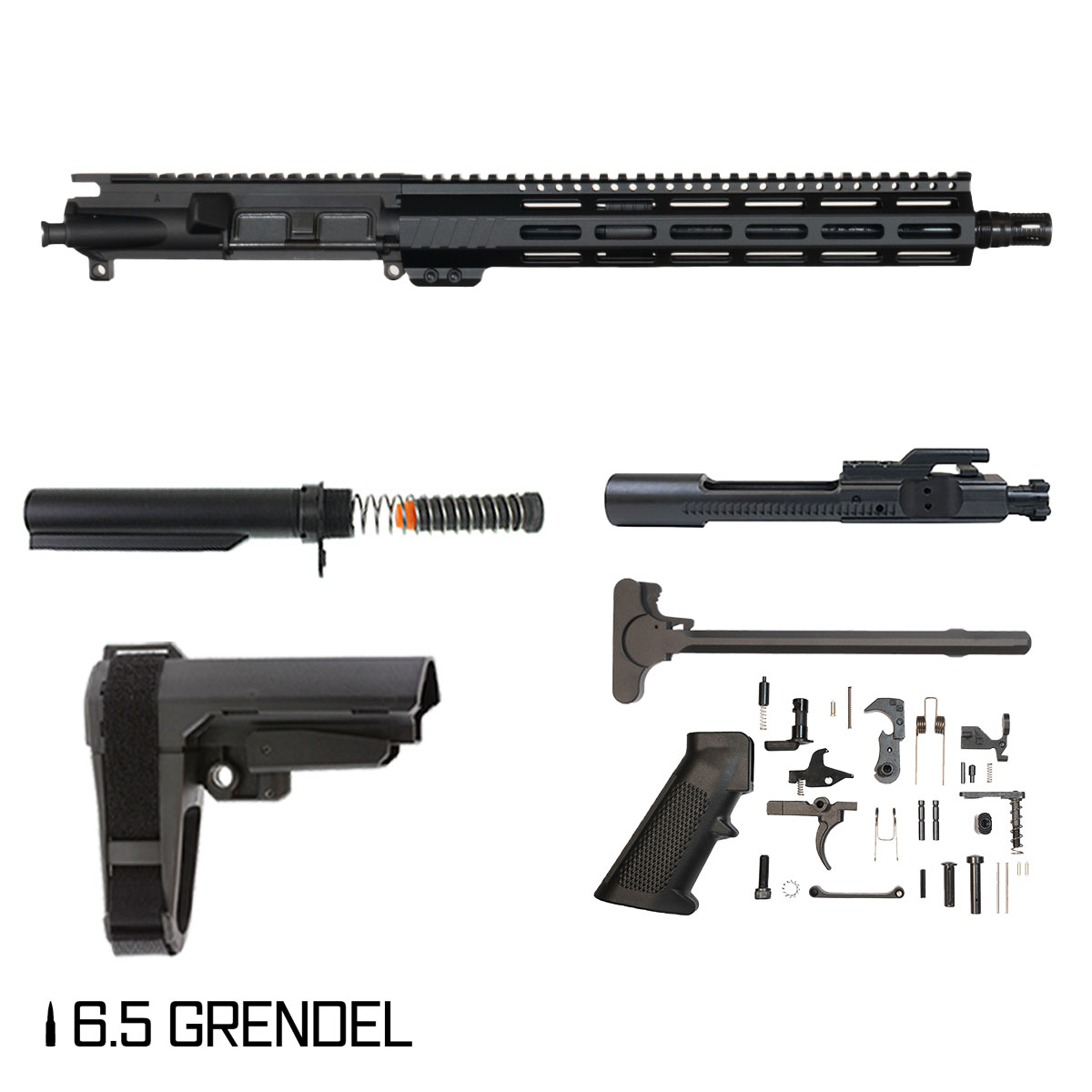 Davidson Defense Aegis w/SBA3 Brace 12.5-inch Carbine-Gas 1:8 6.5 Grendel AR-15 Freefloat M-Lok Handguard Pistol Full Build Kit, Plan B A7 Flash Hider