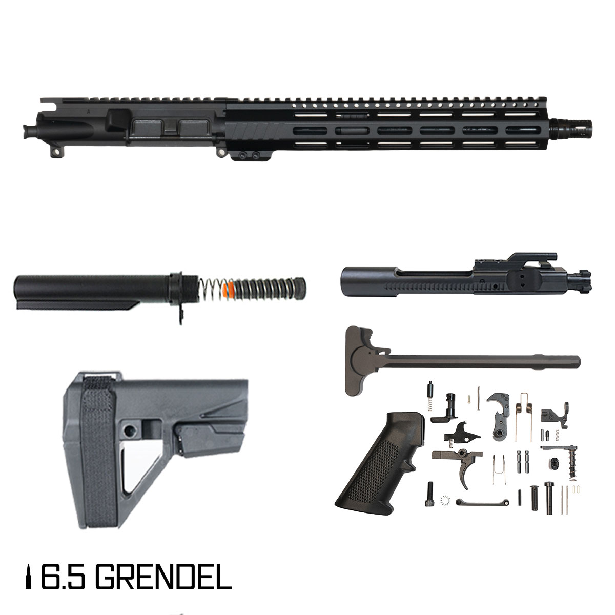 Davidson Defense Aegis w/SBA5 Brace 12.5-inch Carbine-Gas 1:8 6.5 Grendel AR-15 Freefloat M-Lok Handguard Pistol Full Build Kit, Plan B A7 Flash Hider