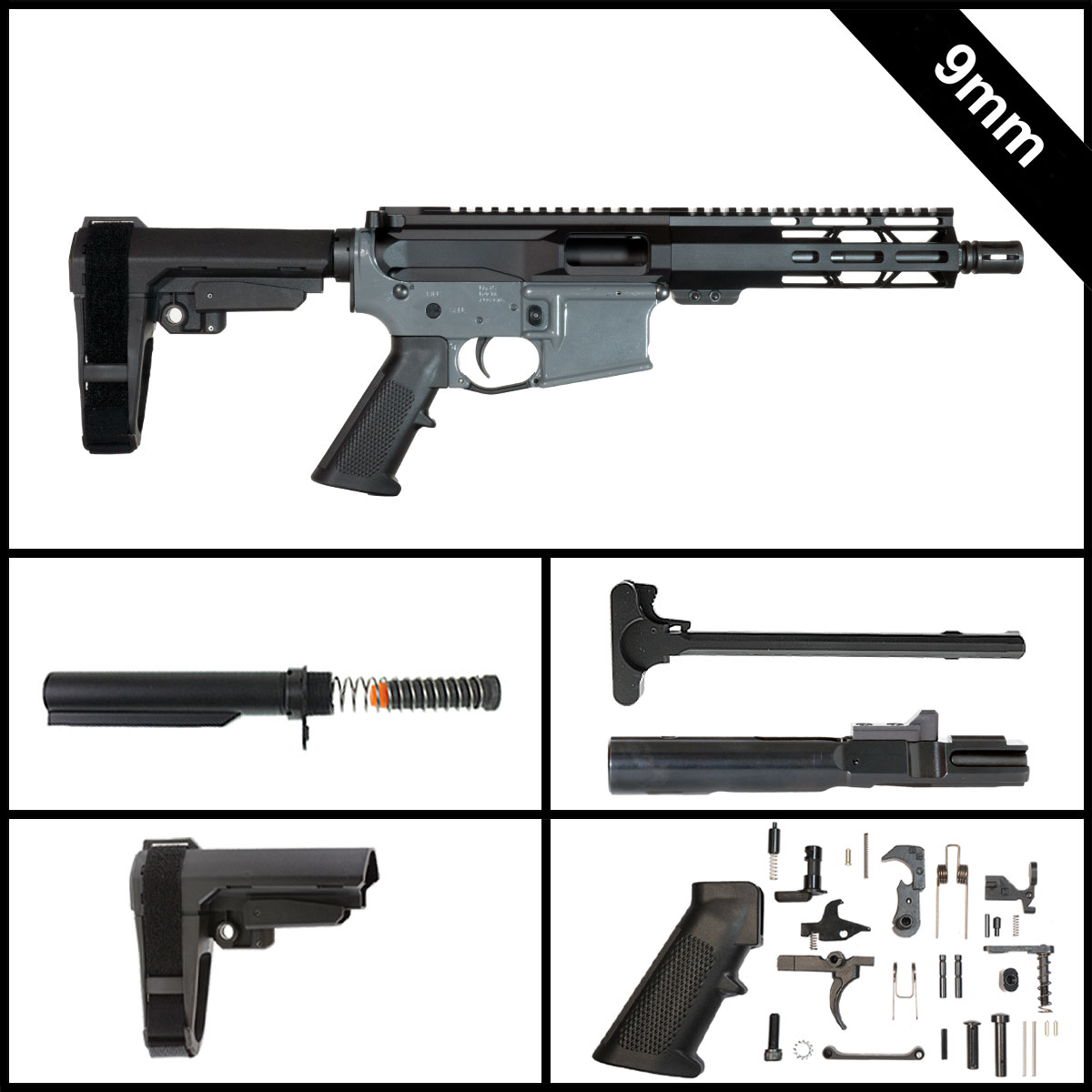 Davidson Defense Black Dagger w/SBA3 Brace 7.5-inch AR-15 9MM Pistol Full Build Kit