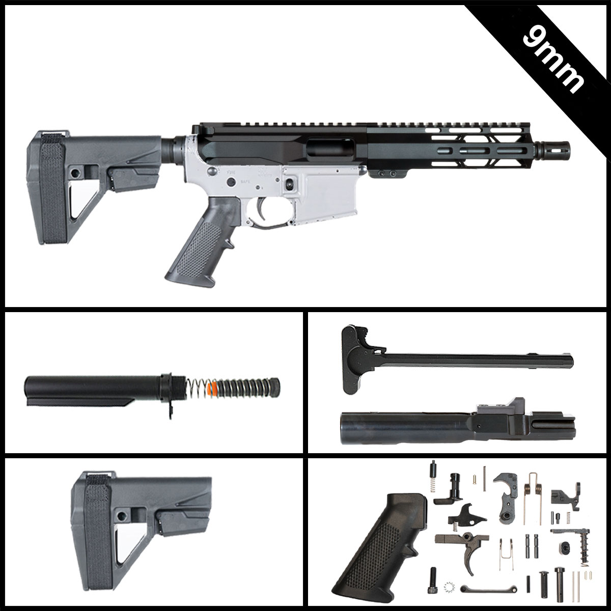 Davidson Defense Black Dagger w/SBA5 Brace 7.5-inch AR-15 9MM Pistol Full Build Kit