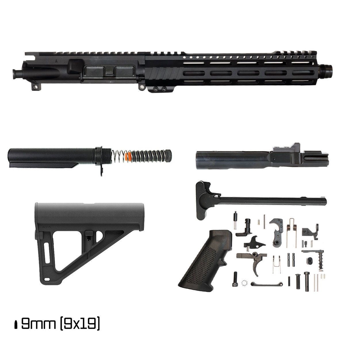 Davidson Defense Aegis Lightweight w/Magpul BTR Brace 11-inch 1:10 9MM AR-9 Freefloat M-Lok Handguard Pistol Full Build Kit, Plan B Universal Muzzle Device