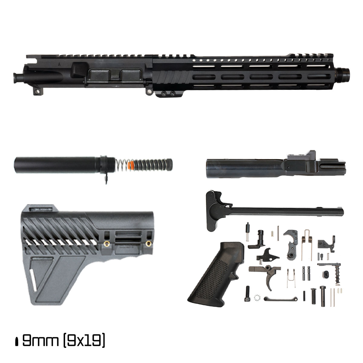 Davidson Defense Aegis Lightweight w/Gauntlet Arms Brace 11-inch 1:10 9MM AR-9 Freefloat M-Lok Handguard Pistol Full Build Kit, Plan B Universal Muzzle Device